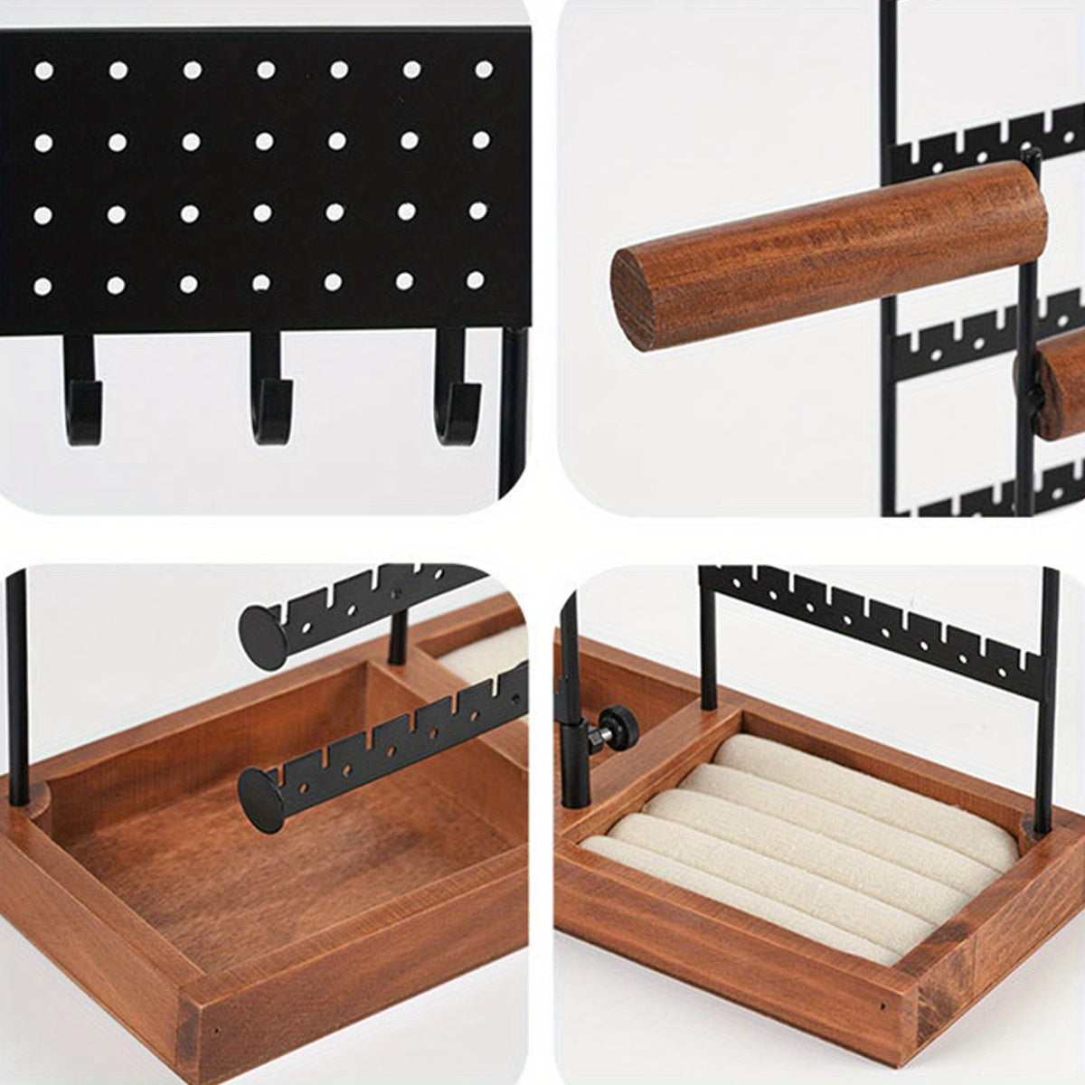 Metal Jewelry Holder Organizer with Wooden Tray Base