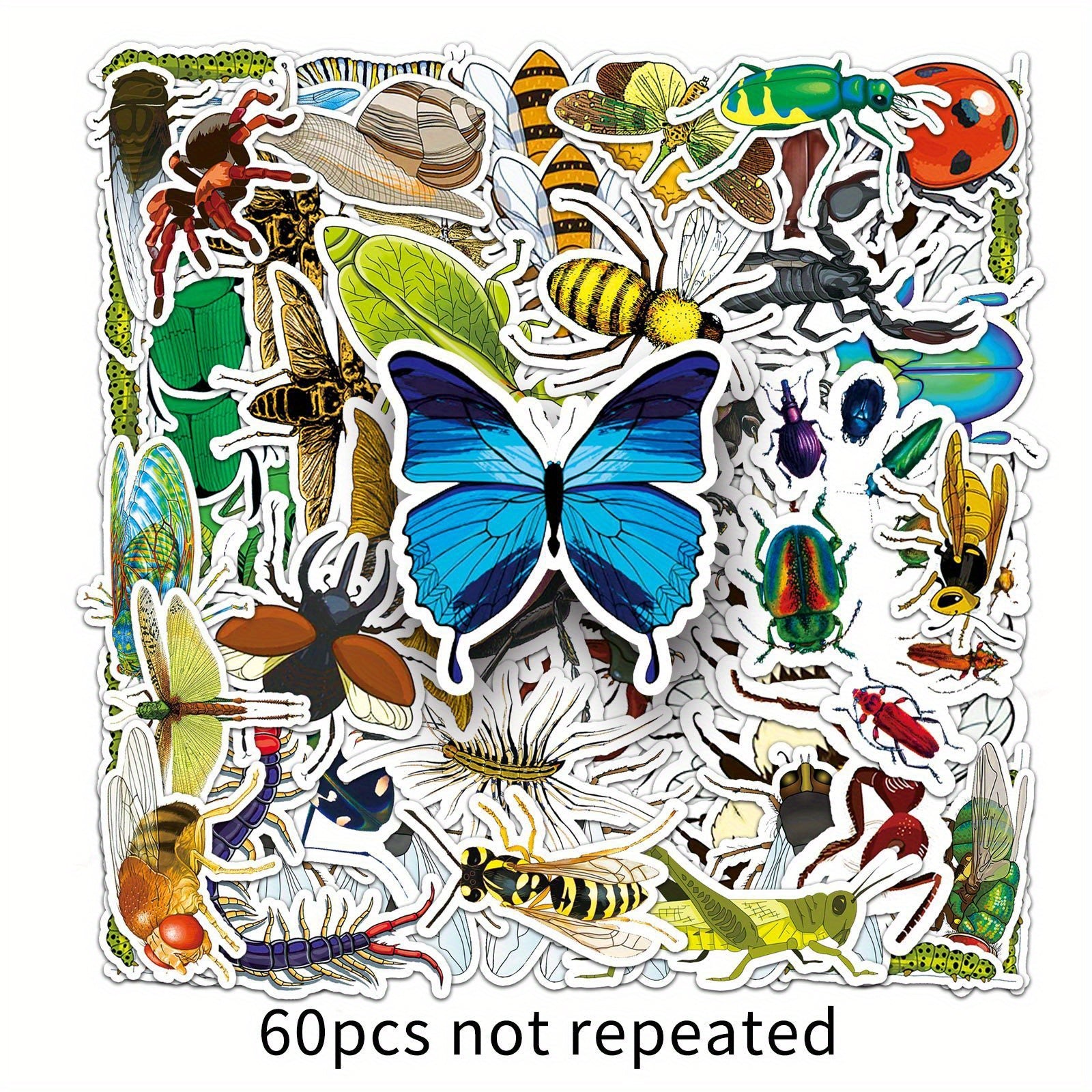 60pcs Insect Stickers Beetle Butterfly Waterproof Cartoon Decoration