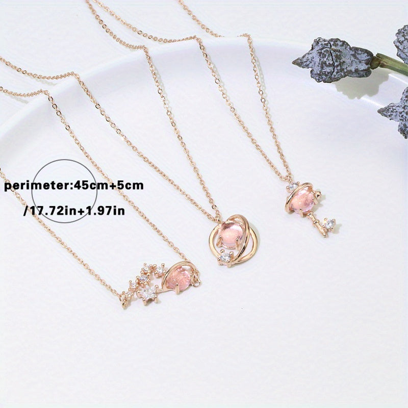 3pcs Starry Sky Key Necklace Pink Feminine Style And Versatile