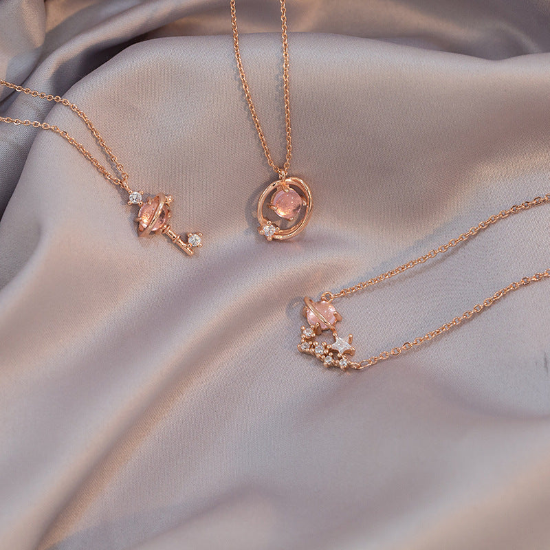 3pcs Starry Sky Key Necklace Pink Feminine Style And Versatile