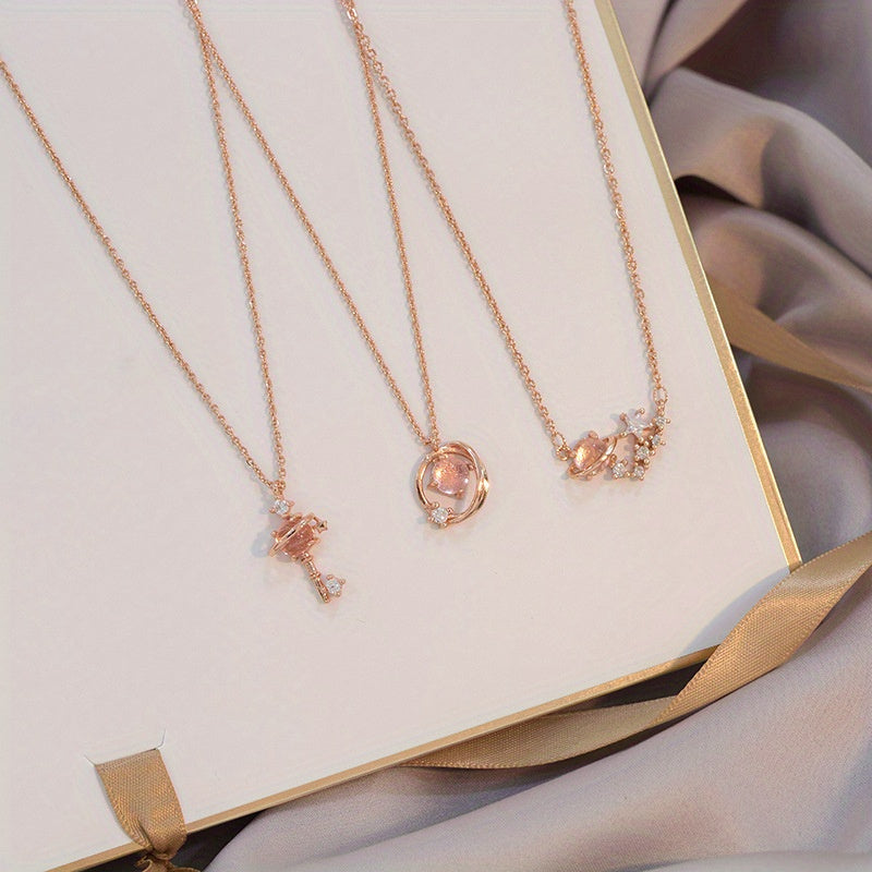 3pcs Starry Sky Key Necklace Pink Feminine Style And Versatile