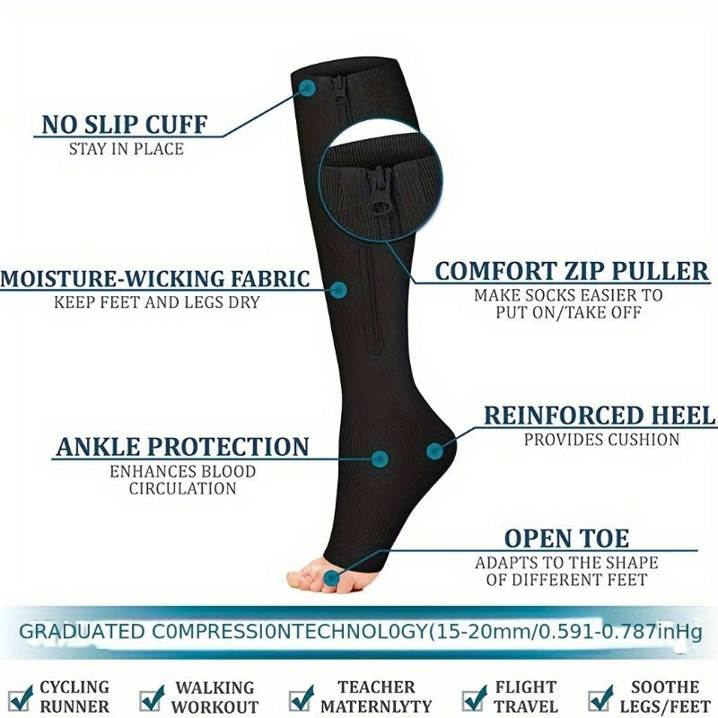 Zipper Compression Socks Open Toe for Men Women Calf Stockings Nurses