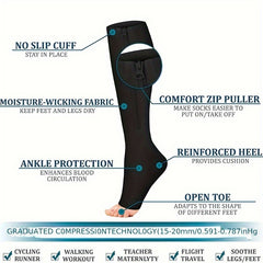 Zipper Compression Socks Open Toe for Men Women Calf Stockings Nurses