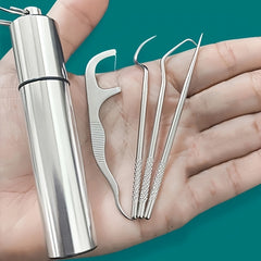 Stainless Steel Toothpicks Floss Pick Keychain Outdoor Tool Kit