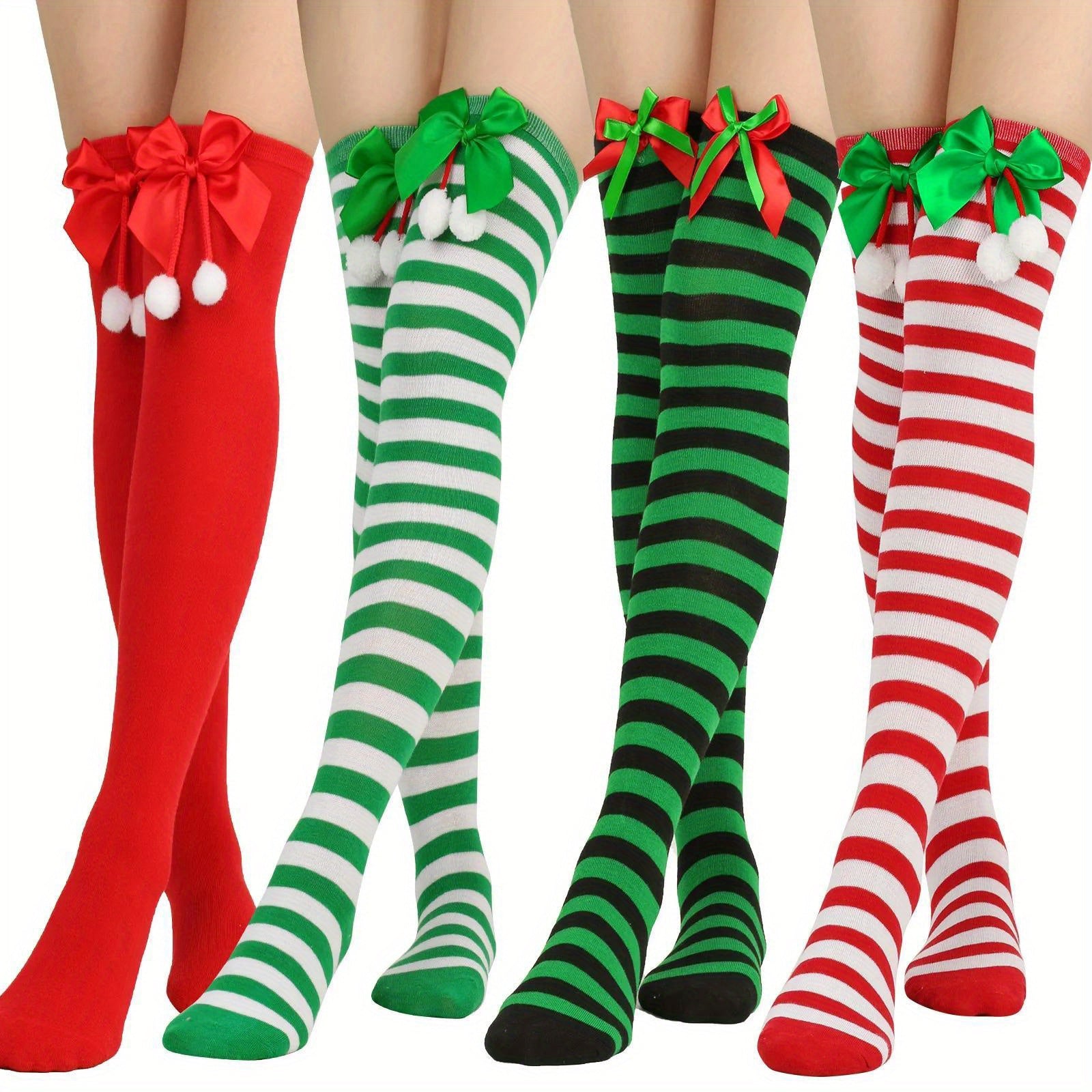 Bow Christmas Socks Striped Stockings Warm Hosiery Xmas Gift
