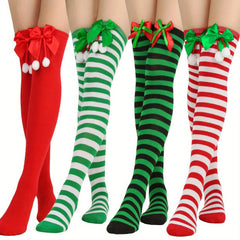 Bow Christmas Socks Striped Stockings Warm Hosiery Xmas Gift