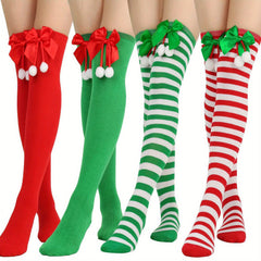 Bow Christmas Socks Striped Stockings Warm Hosiery Xmas Gift