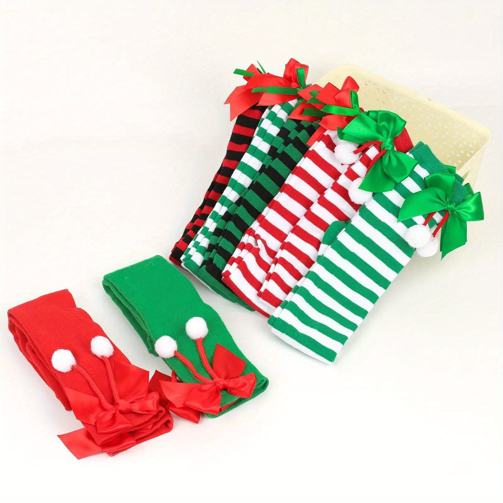 Bow Christmas Socks Striped Stockings Warm Hosiery Xmas Gift