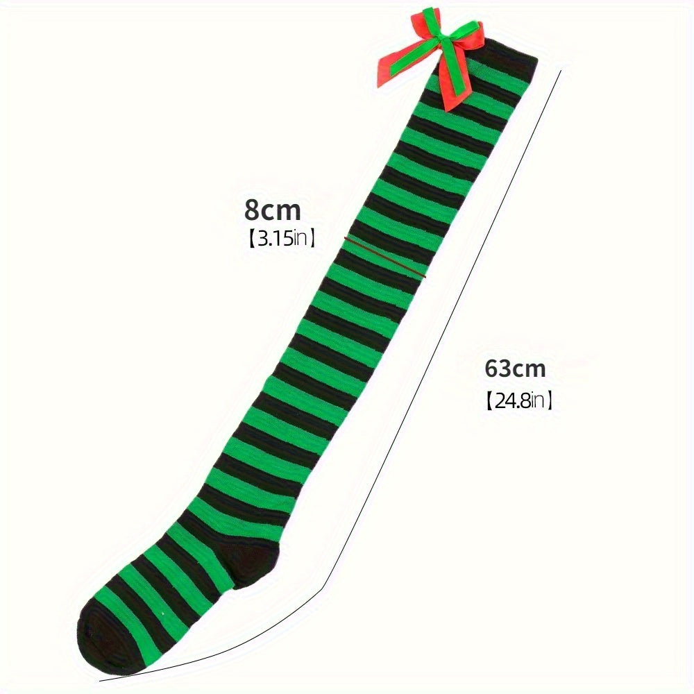 Bow Christmas Socks Striped Stockings Warm Hosiery Xmas Gift