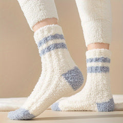 3 Pairs Striped Fuzzy Socks Comfy & Warm Mid Tube Women's Stockings