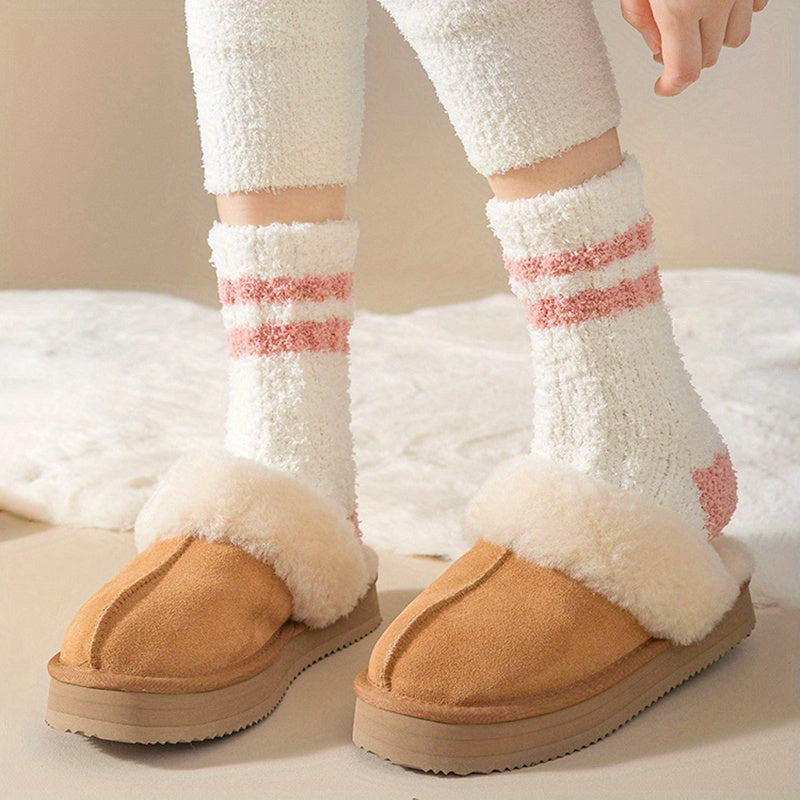 3 Pairs Striped Fuzzy Socks Comfy & Warm Mid Tube Women's Stockings