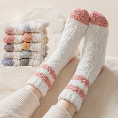 3 Pairs Striped Fuzzy Socks Comfy & Warm Mid Tube Women's Stockings