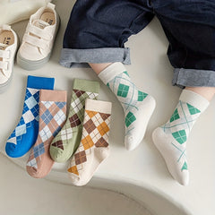 5 Pairs Kid's Geometric Pattern Knitted Socks Cotton Blend Soft Crew Socks