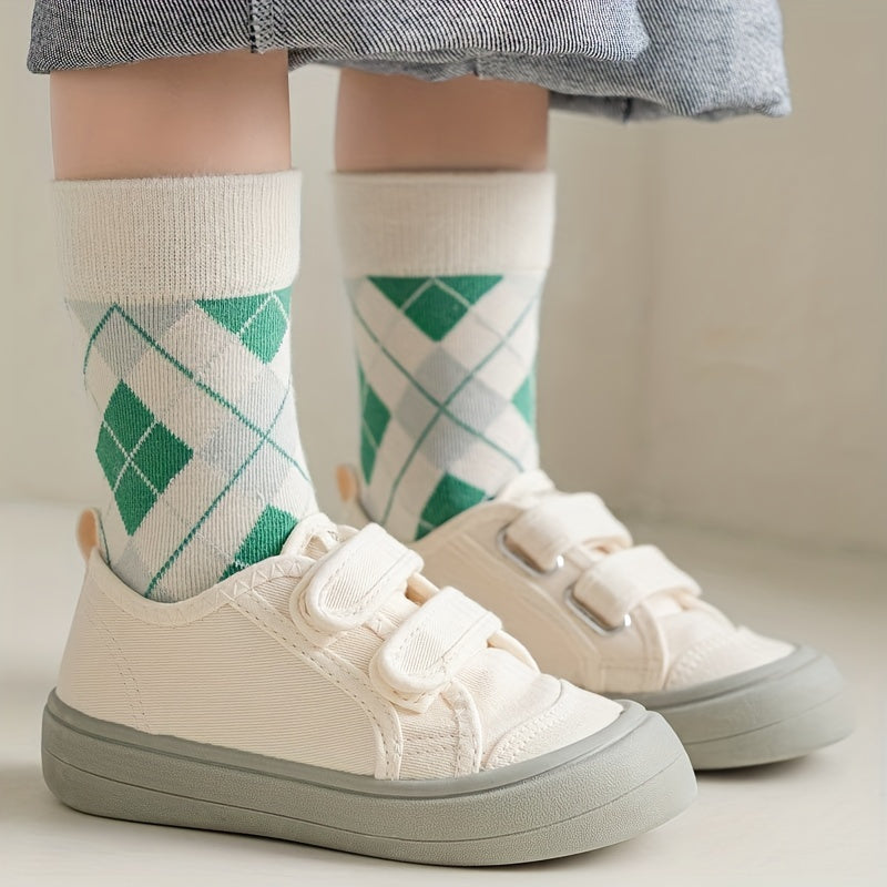 5 Pairs Kid's Geometric Pattern Knitted Socks Cotton Blend Soft Crew Socks