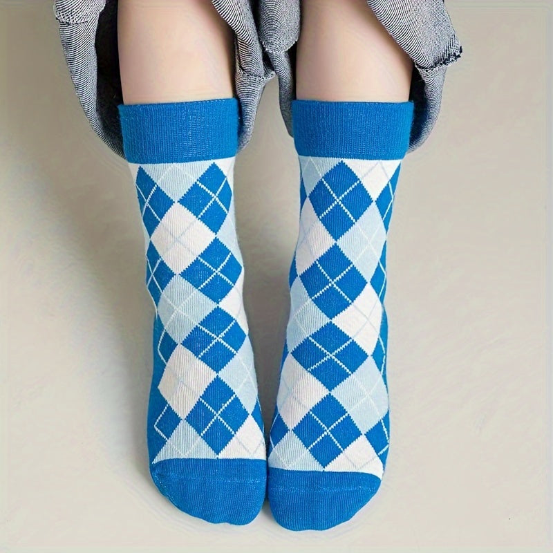 5 Pairs Kid's Geometric Pattern Knitted Socks Cotton Blend Soft Crew Socks