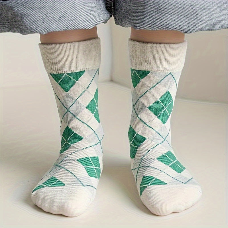 5 Pairs Kid's Geometric Pattern Knitted Socks Cotton Blend Soft Crew Socks