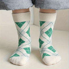 5 Pairs Kid's Geometric Pattern Knitted Socks Cotton Blend Soft Crew Socks