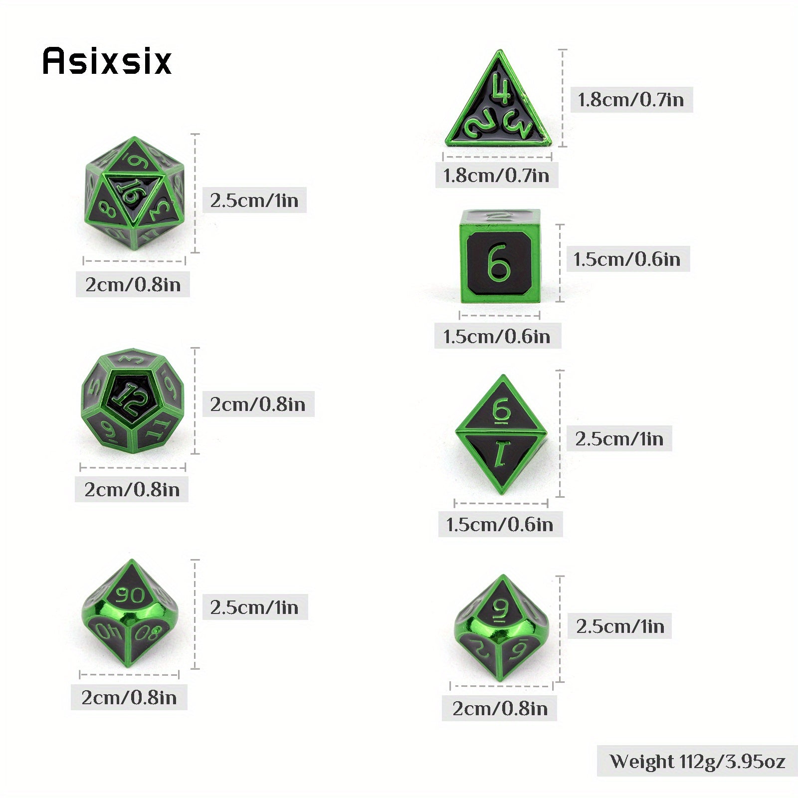 7pcs Green Metal Polyhedral Dice Set for Role Playing Board Game