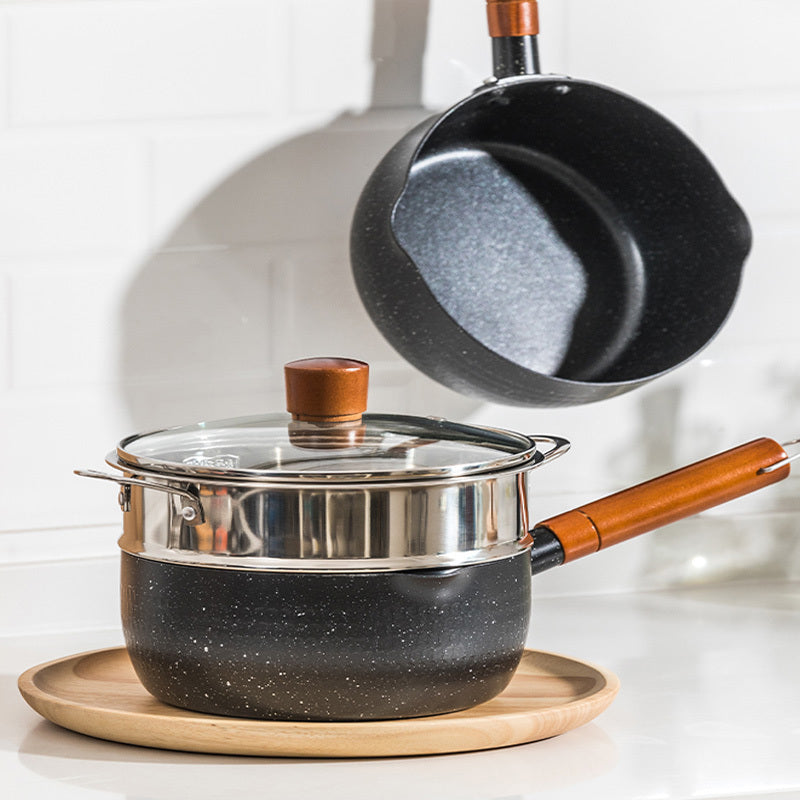 Japanese Flat Pot With Wooden Handle Nonstick Pot