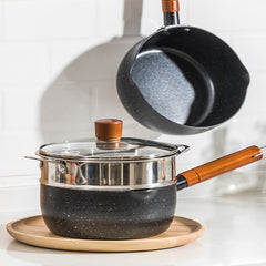 Japanese Flat Pot With Wooden Handle Nonstick Pot