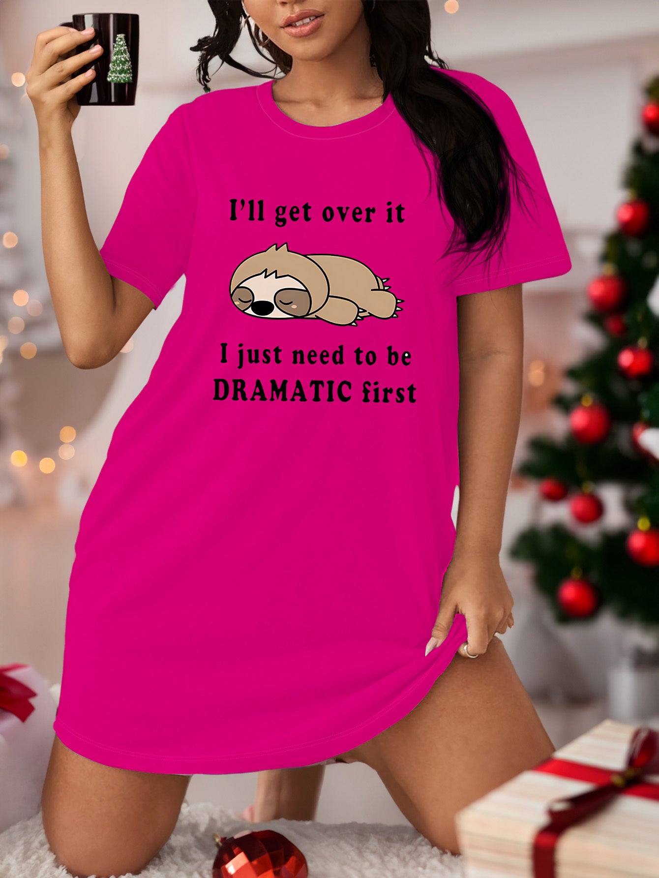 Plus Size Sloth Print Short Sleeve Tee Sleep Dress