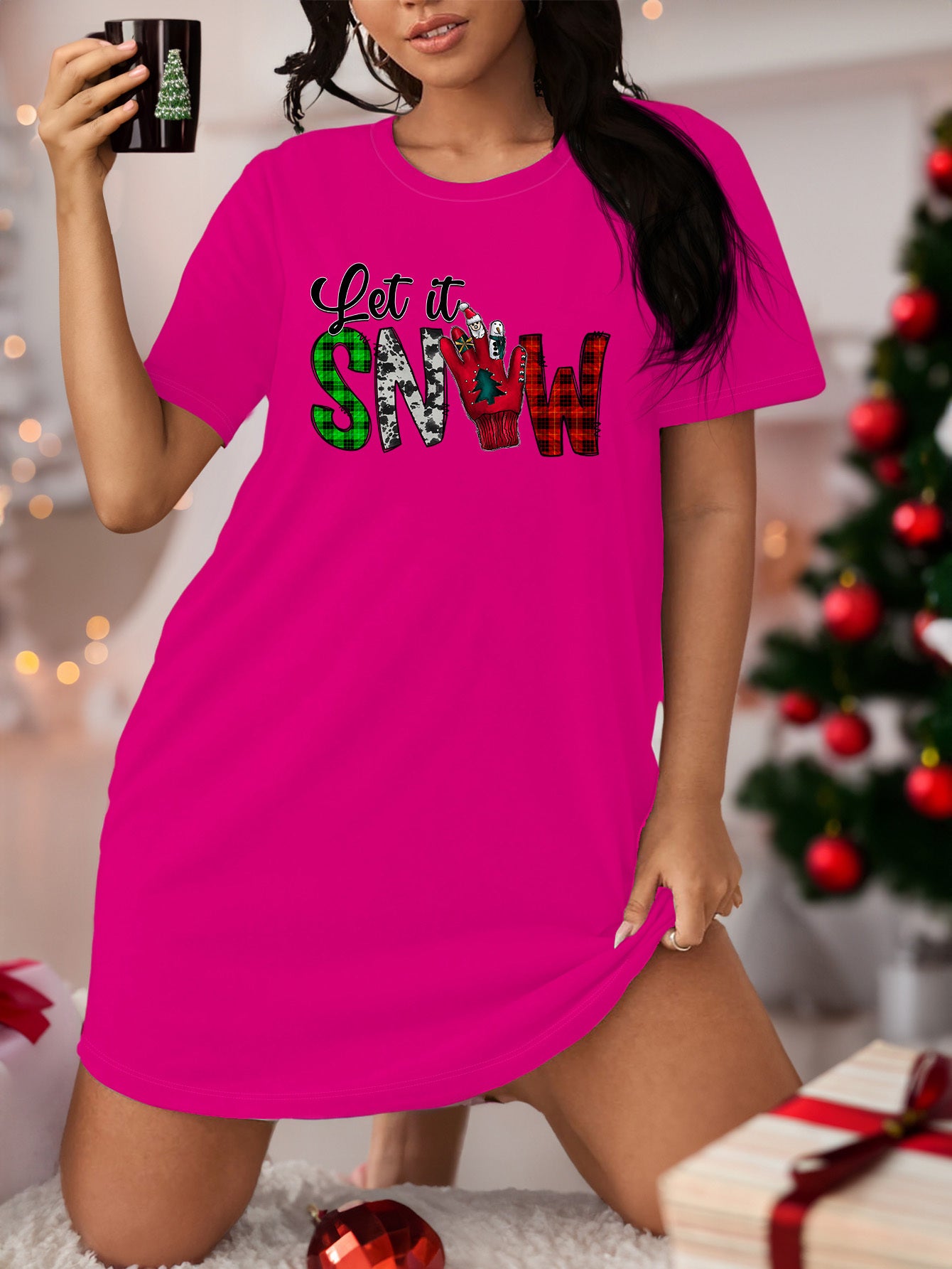 Christmas Loungewear Dress Women's Plaid Slogan Print