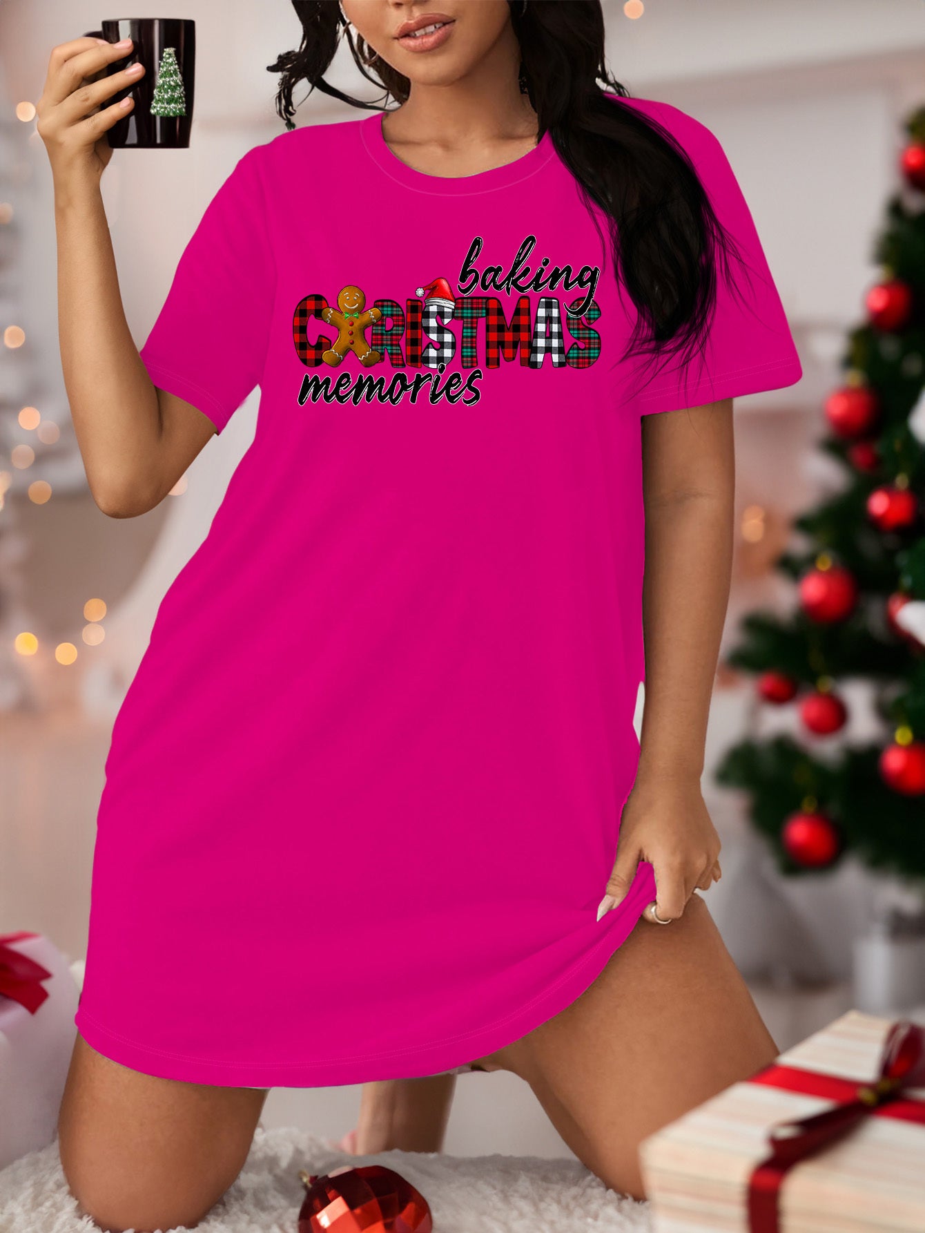 Plus Size Christmas Lounge Dress Women's Gingerbread Man Tee Sleep Dress