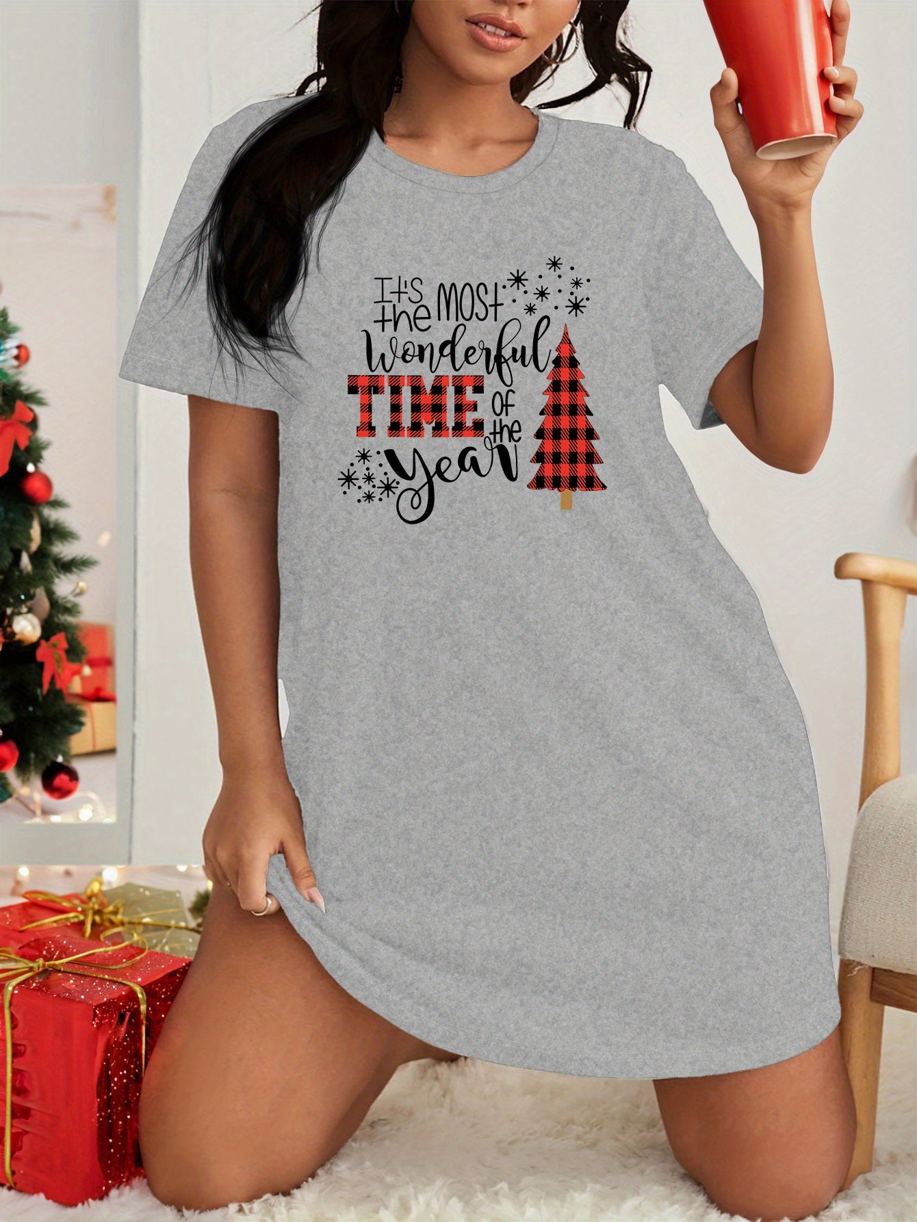 Plaid Christmas Tree Tee Sleep Dress
