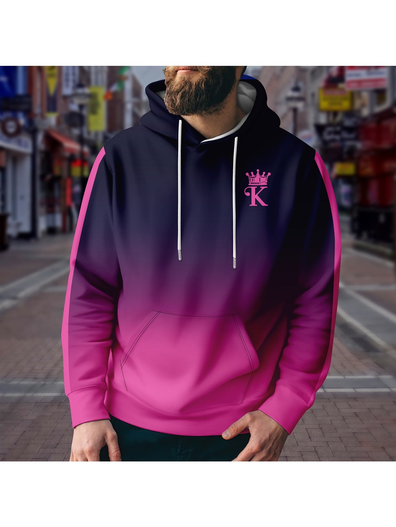 Men's Ink Print Block Hoodie Loose Pullover for Autumn Winter
