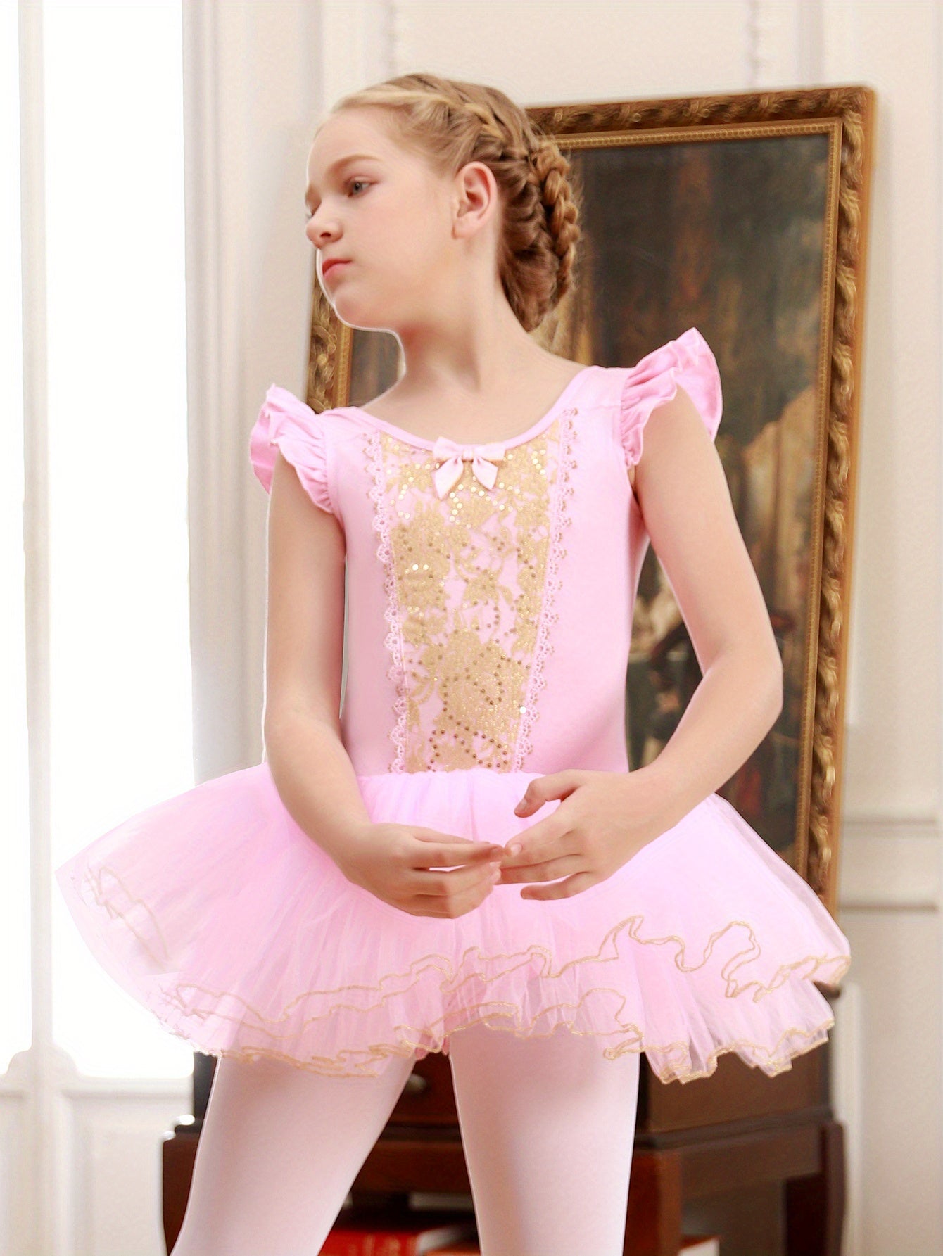 Cotton Ballet Leotard with Flower Embroidery Flutter Trim