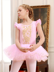Cotton Ballet Leotard with Flower Embroidery Flutter Trim