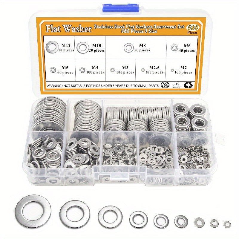 580pcs Stainless Steel Flat Washers Set 9 Sizes