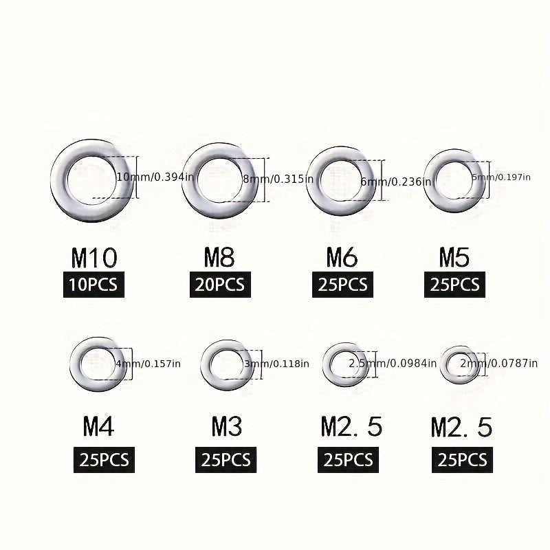 580pcs 304 Stainless Steel Flat Washers Set 9 Sizes Assortment