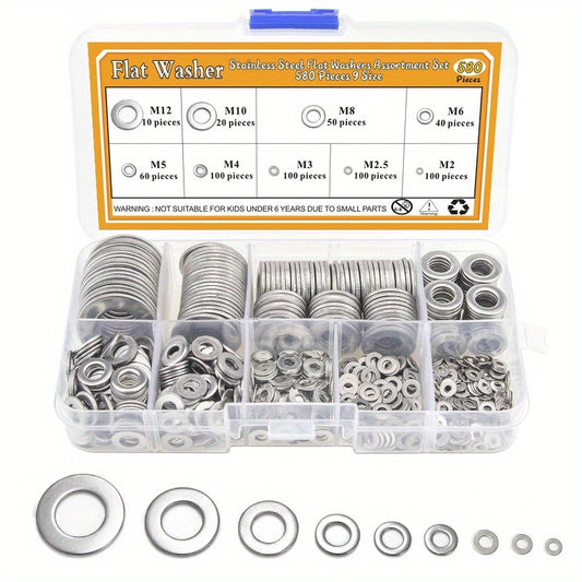580pcs 304 Stainless Steel Flat Washers Set 9 Sizes Assortment