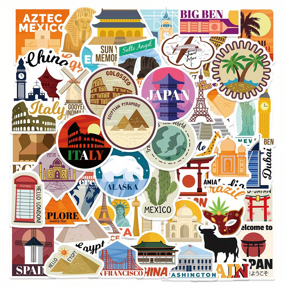 50pcs Cartoon Landmark Stickers for DIY Skateboard Luggage