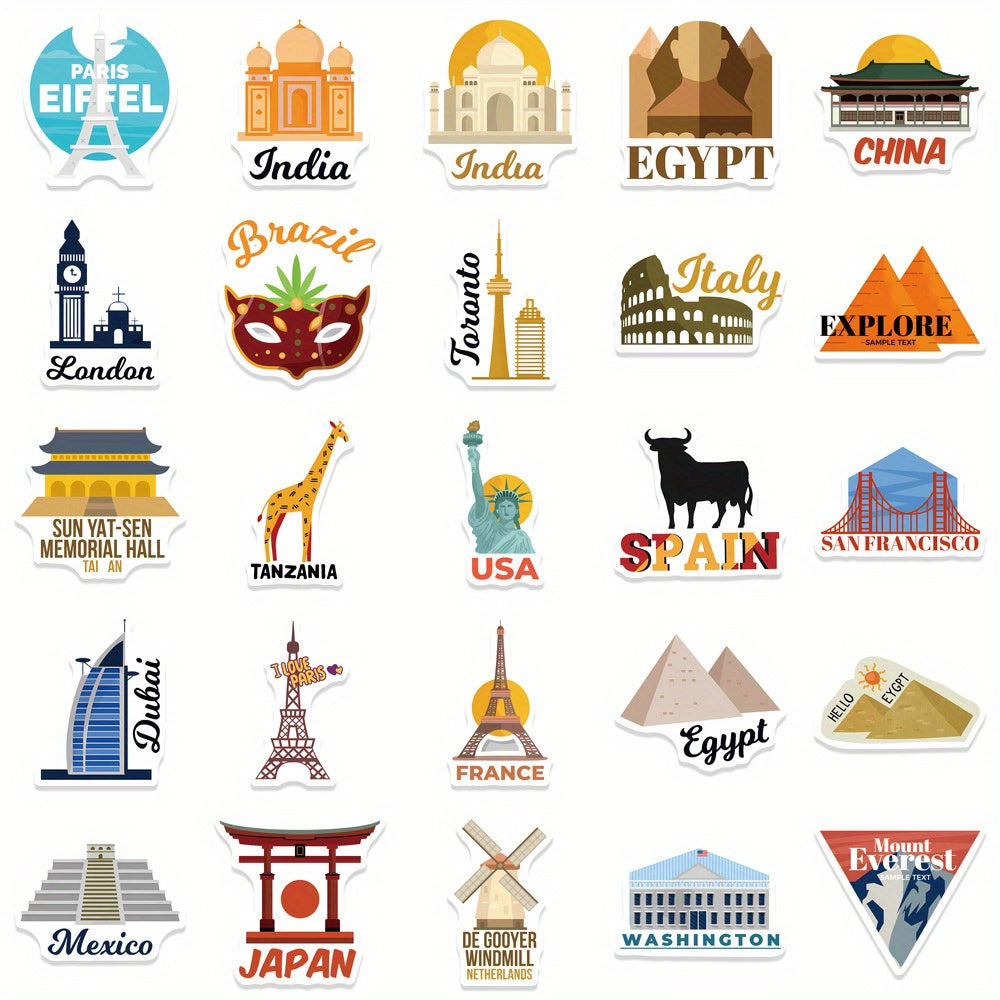 50pcs Cartoon Landmark Stickers for DIY Skateboard Luggage