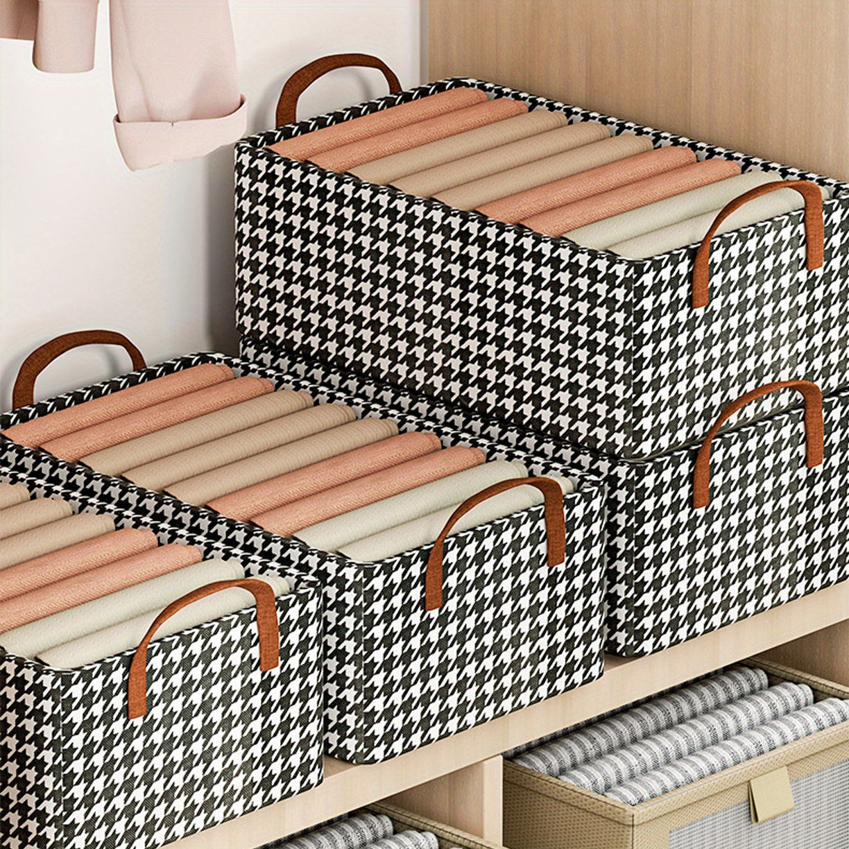 Large Houndstooth Foldable Storage Basket with Handles