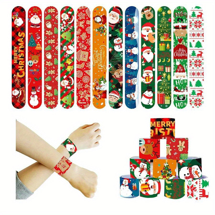 12pcs Christmas Slap Bracelets Santa Claus Snowflake Elk Print Toys