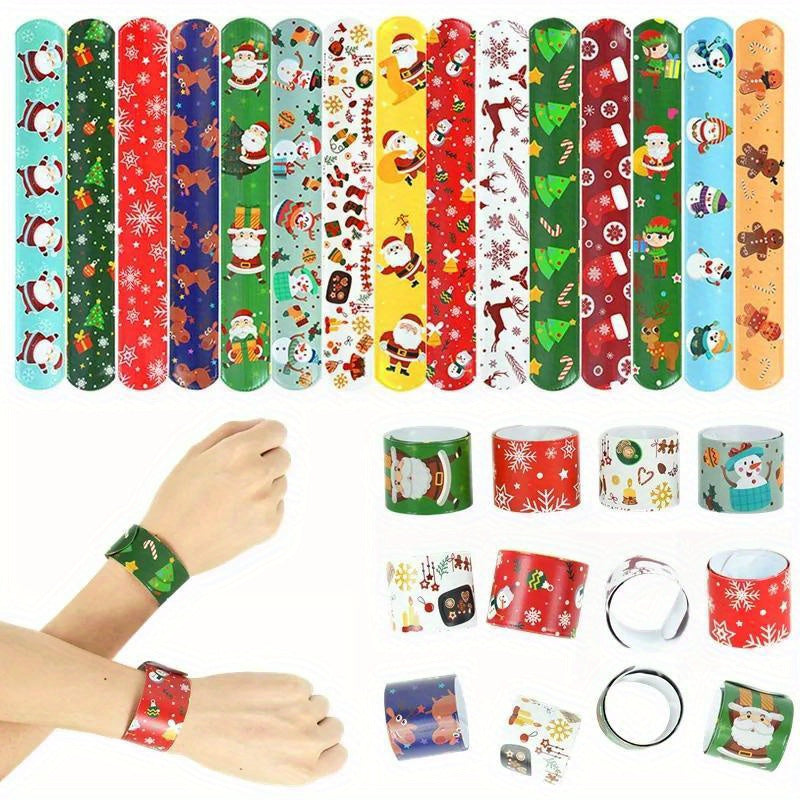 12pcs Christmas Slap Bracelets Santa Claus Snowflake Elk Print Toys