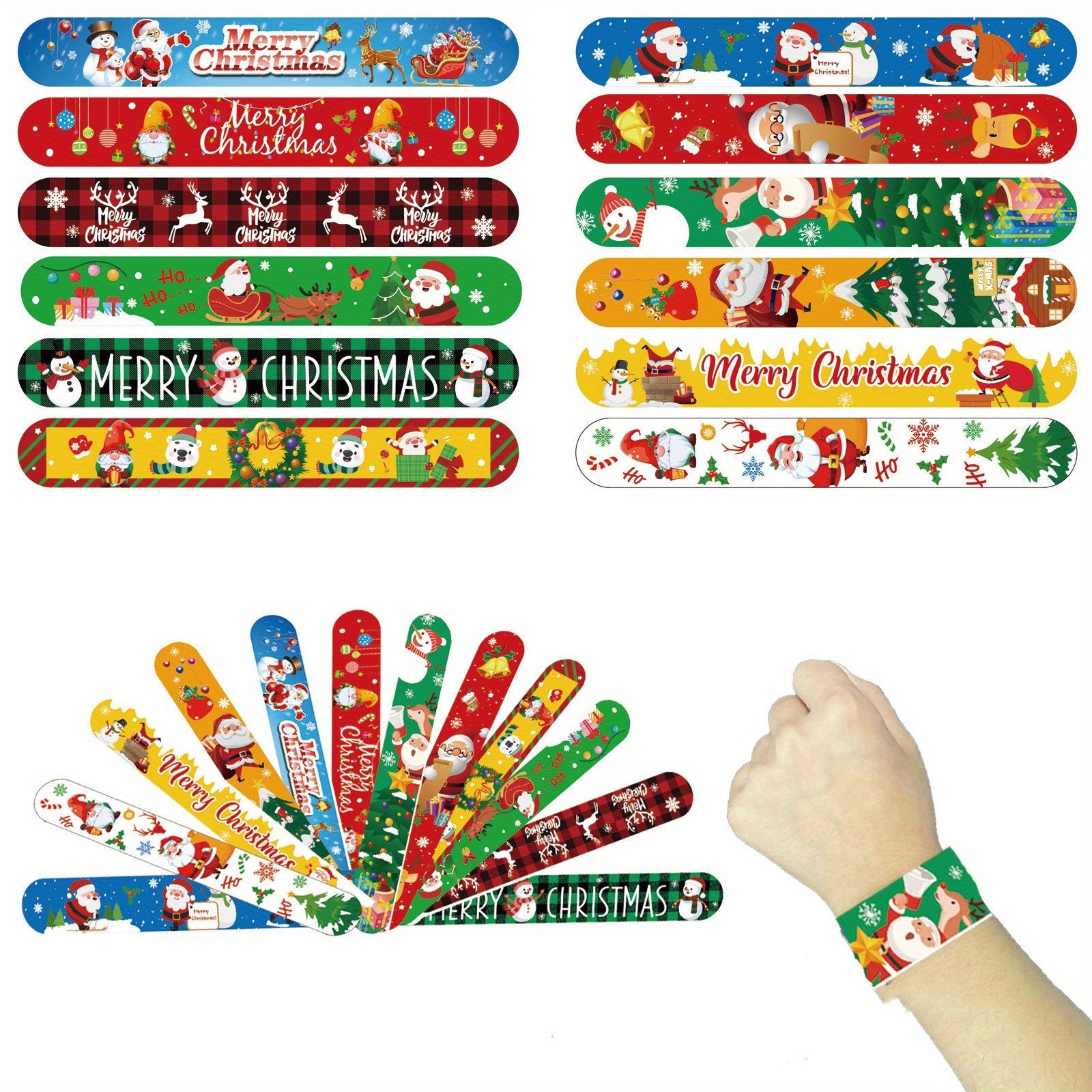 12pcs Christmas Slap Bracelets Santa Claus Snowflake Elk Print Toys