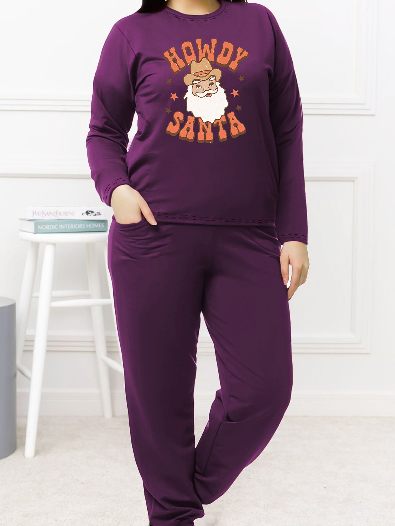 Christmas Western Pajamas Set Women's Plus Santa Cowboy Tee & Joggers