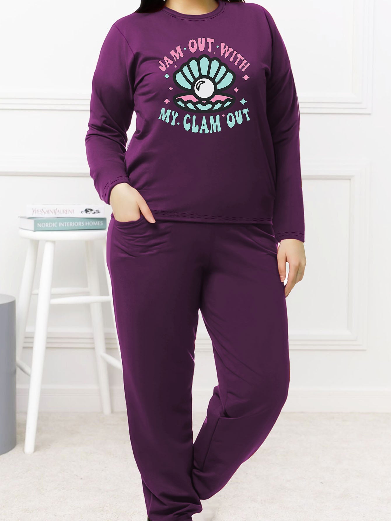Casual Pajamas Set Women's Plus Pearl Shell & Slogan Print Long Sleeve