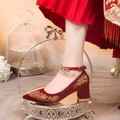 Embroidered Wedding Shoes Chunky Heel Tassel Ankle Strap Dress Shoes