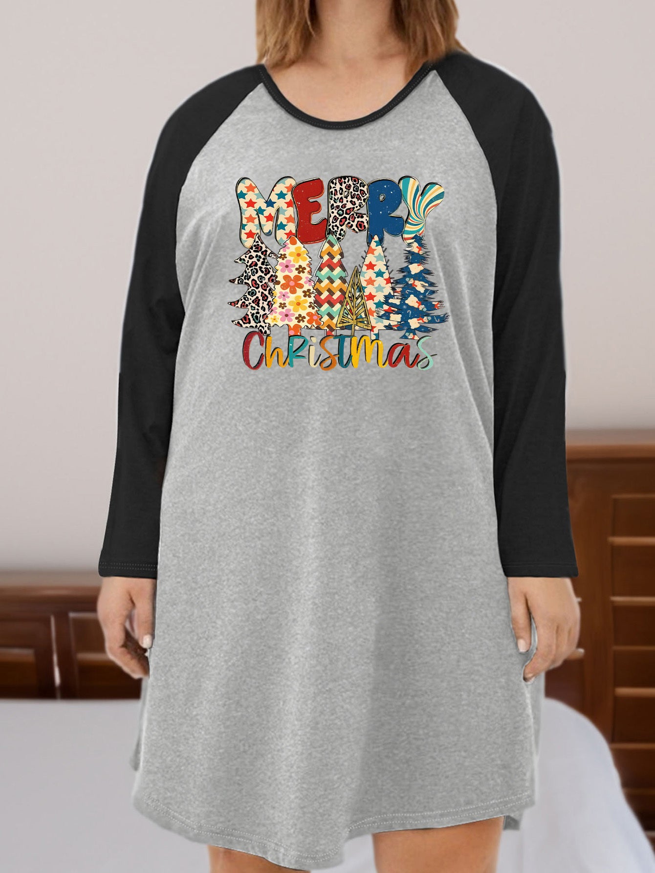 Christmas Nightdress Women's Plus Christmas Tree & Slogan Print Tee