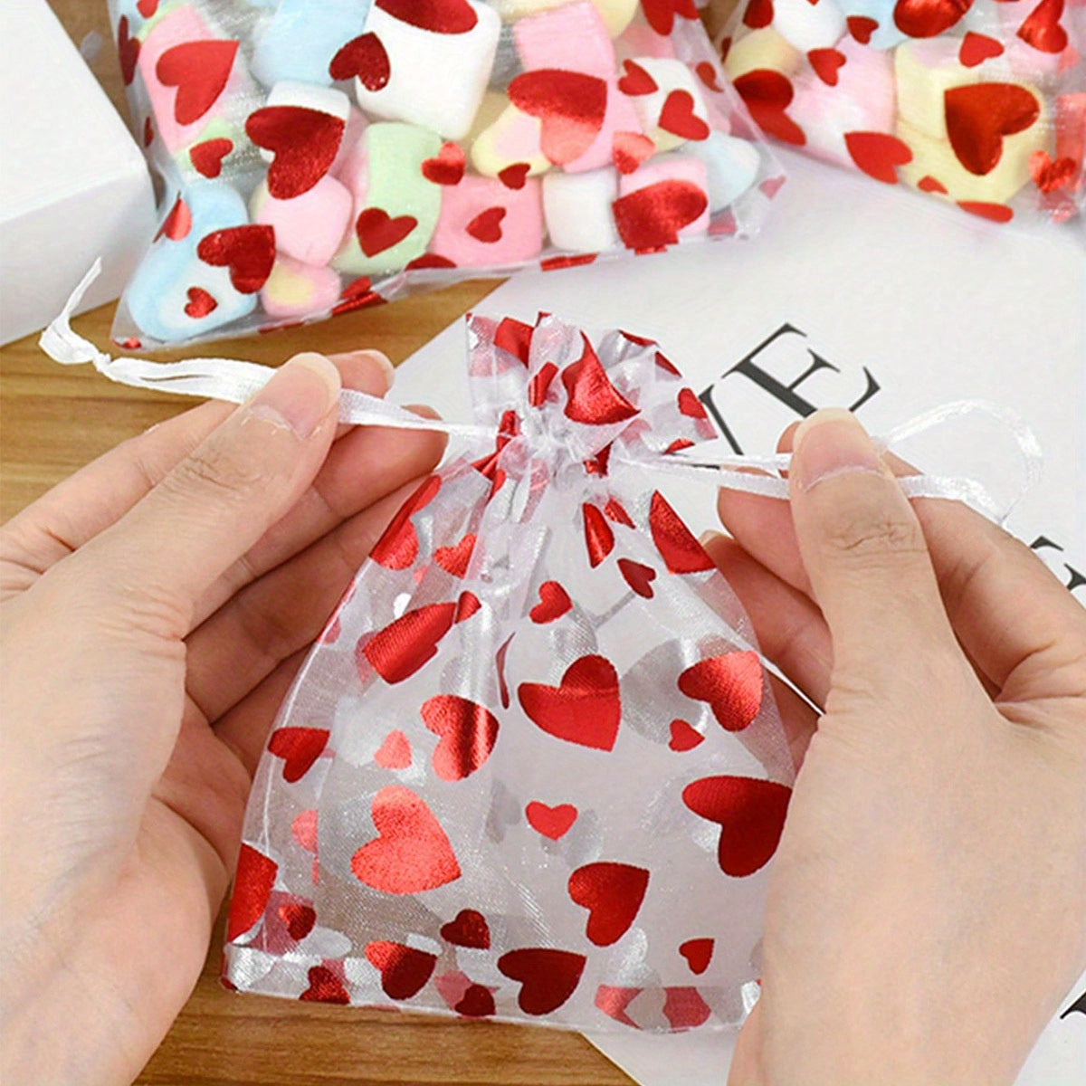 10pcs Red Love Gift Candy Bags Wedding Party Drawstring Jewelry Bags Mesh Bags