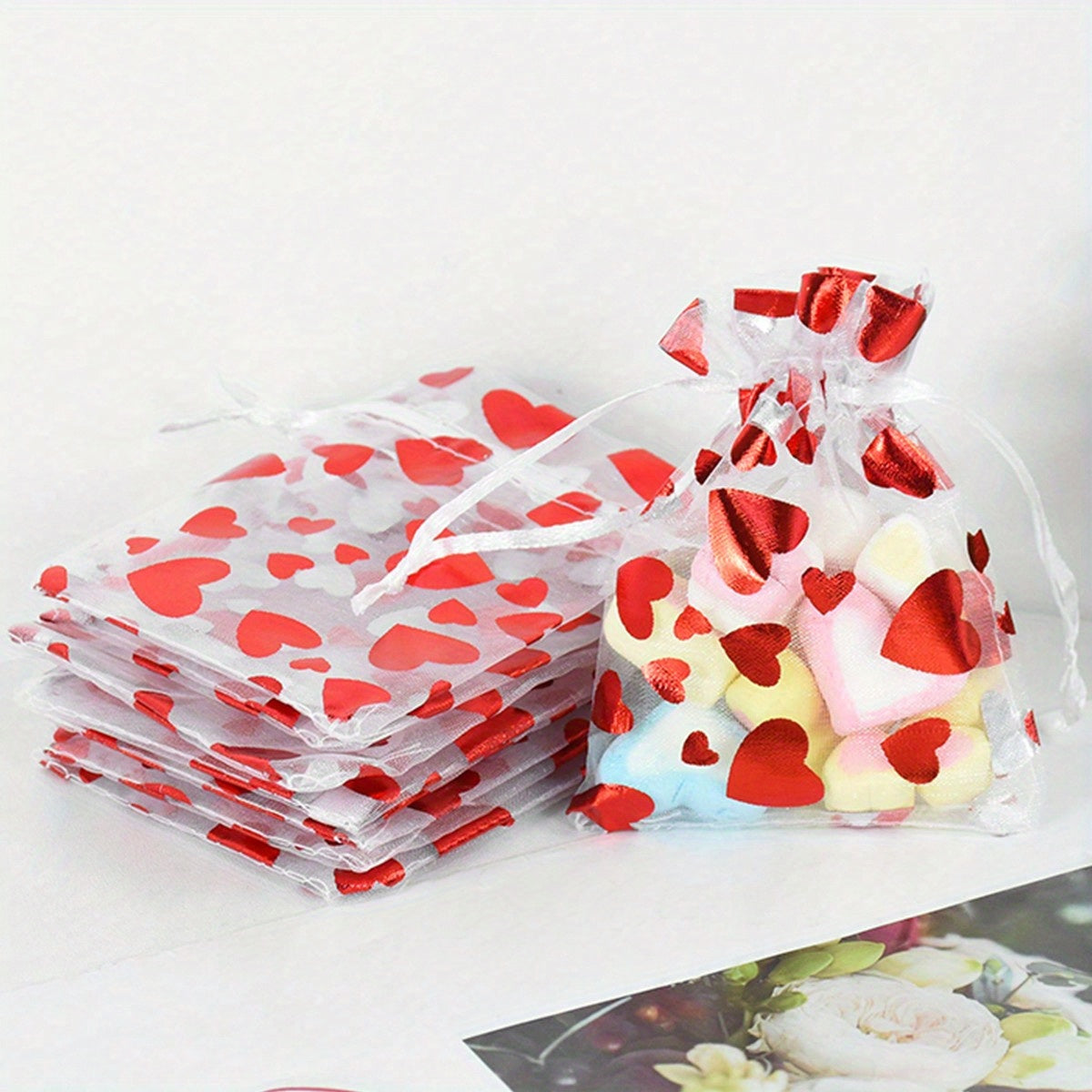 10pcs Red Love Gift Candy Bags Wedding Party Drawstring Jewelry Bags Mesh Bags