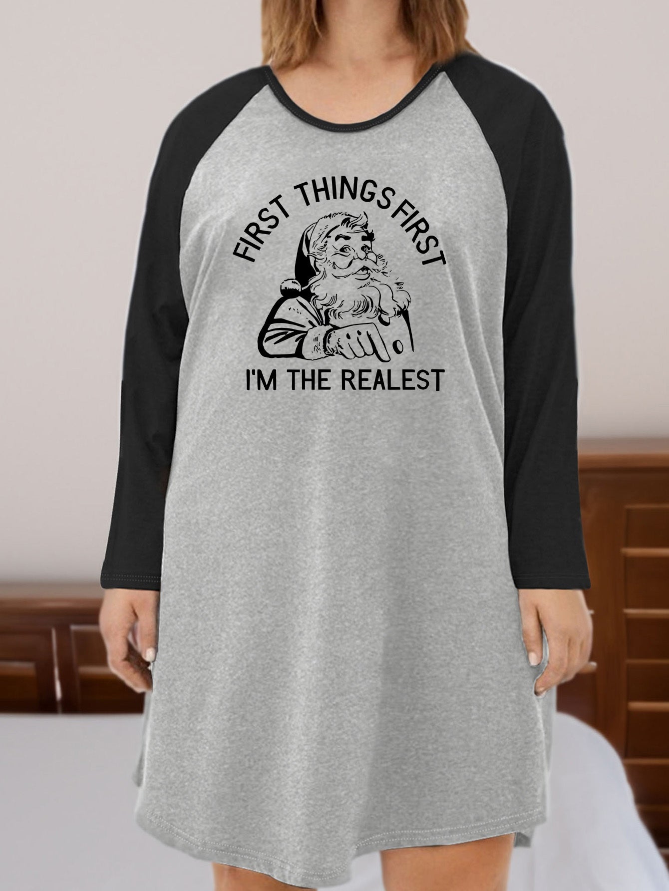 Santa Claus Print Raglan Sleeve Tee Sleep Dress