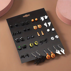 20 Pairs Halloween Theme Stud Earring Sets - Pumpkin Ghost Bat Boo Drop Earrings