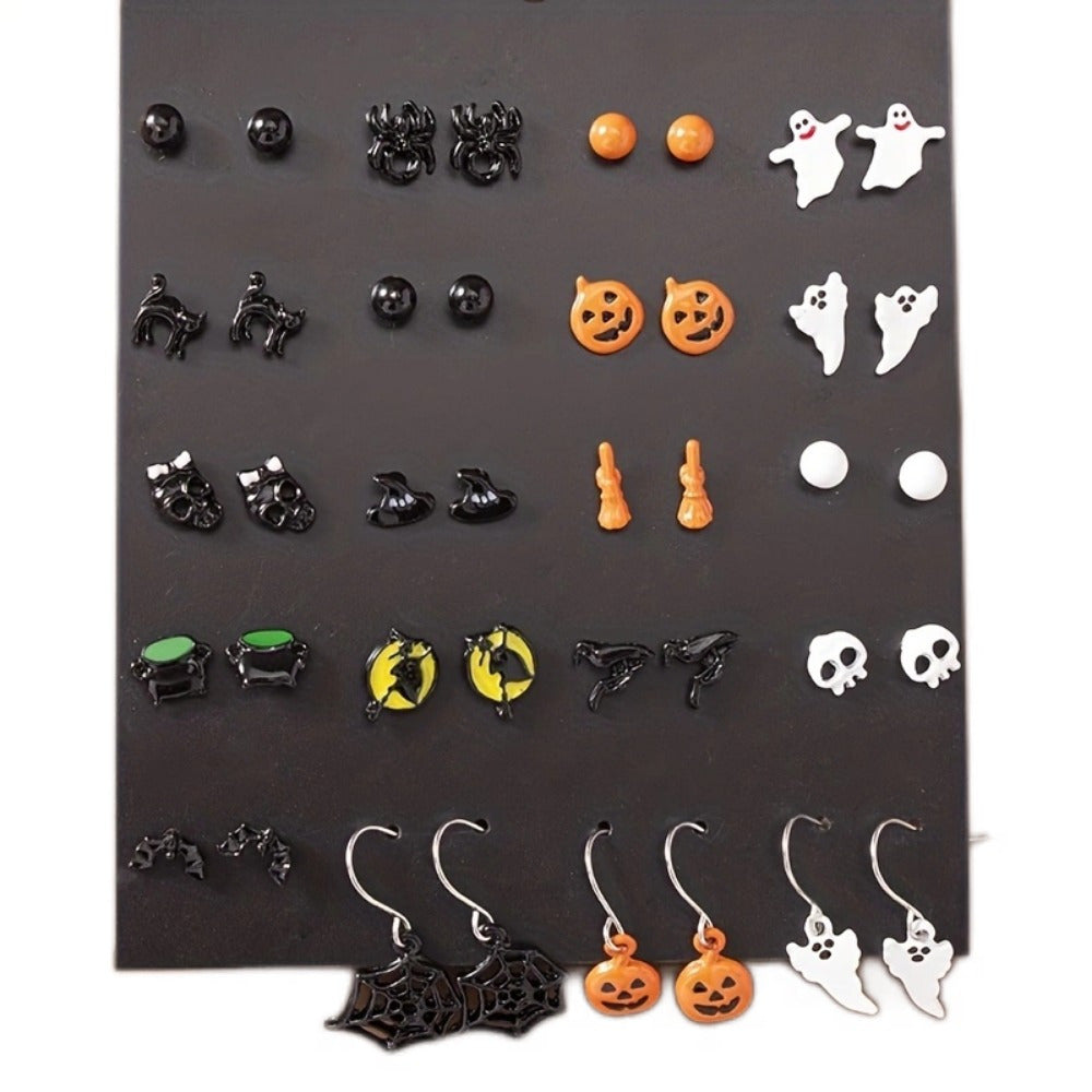 20 Pairs Halloween Theme Stud Earring Sets - Pumpkin Ghost Bat Boo Drop Earrings