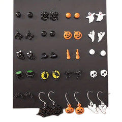 20 Pairs Halloween Theme Stud Earring Sets - Pumpkin Ghost Bat Boo Drop Earrings